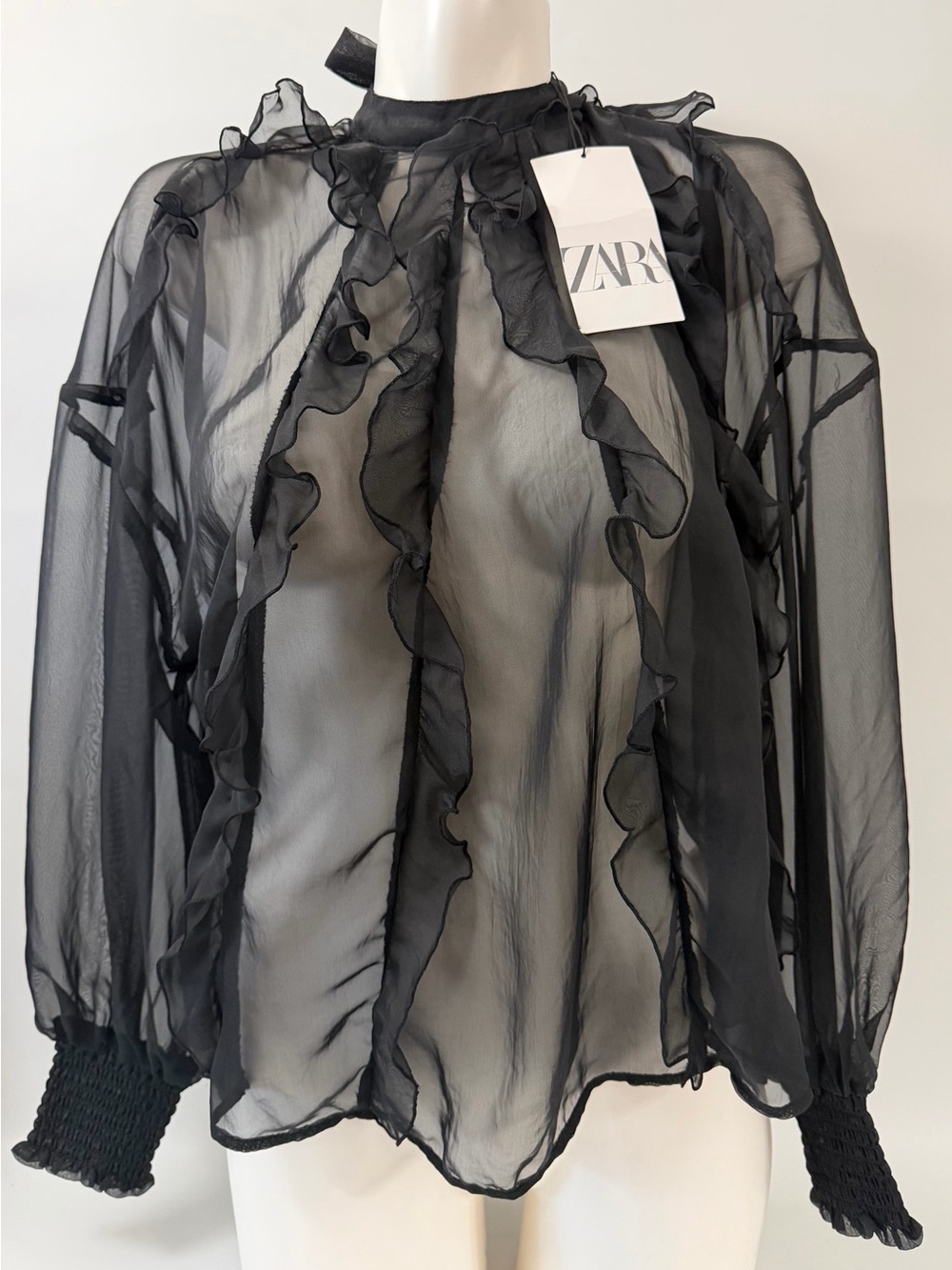 Zara Women’s Black Sheer Ruffle Blouse Size M Long Sleeve High Neck NWT